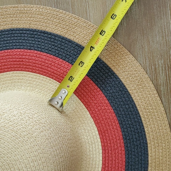 5" Wide Brim Straw Beach Hat - Tan, Red &  Blue - Picture 10 of 10